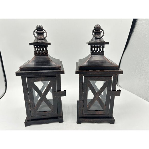 2 Metal and Glass Candle Lanterns Oil Rubbed Bronze New 10" x 4" Votive Candle h - Picture 14 of 14